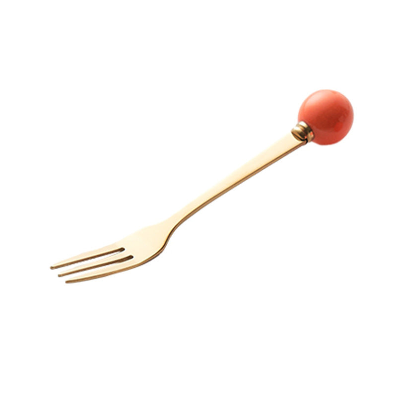 Simple macaron glazed ceramic handle fruit fork creative stainless steel fork spoon high-value home dessert spoon