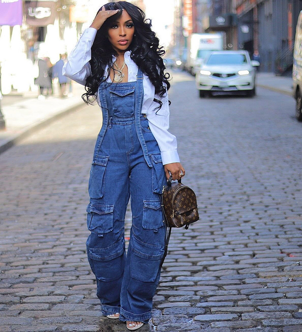 European and american style loose denim overalls -  cross-border women's spring streetwear fashion multi-pocket jumpsuit