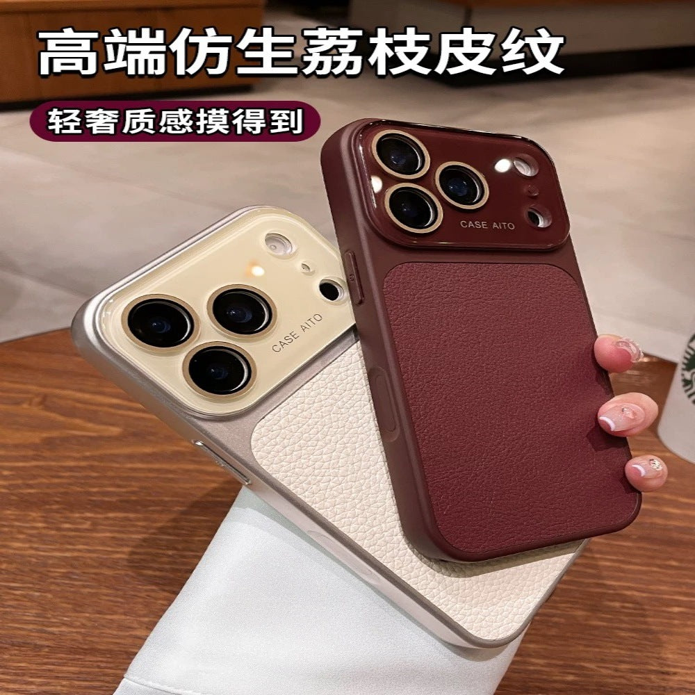 Suitable for iphone17pro lens large window lychee leather pattern mobile phone case apple 15 business case lychee pattern