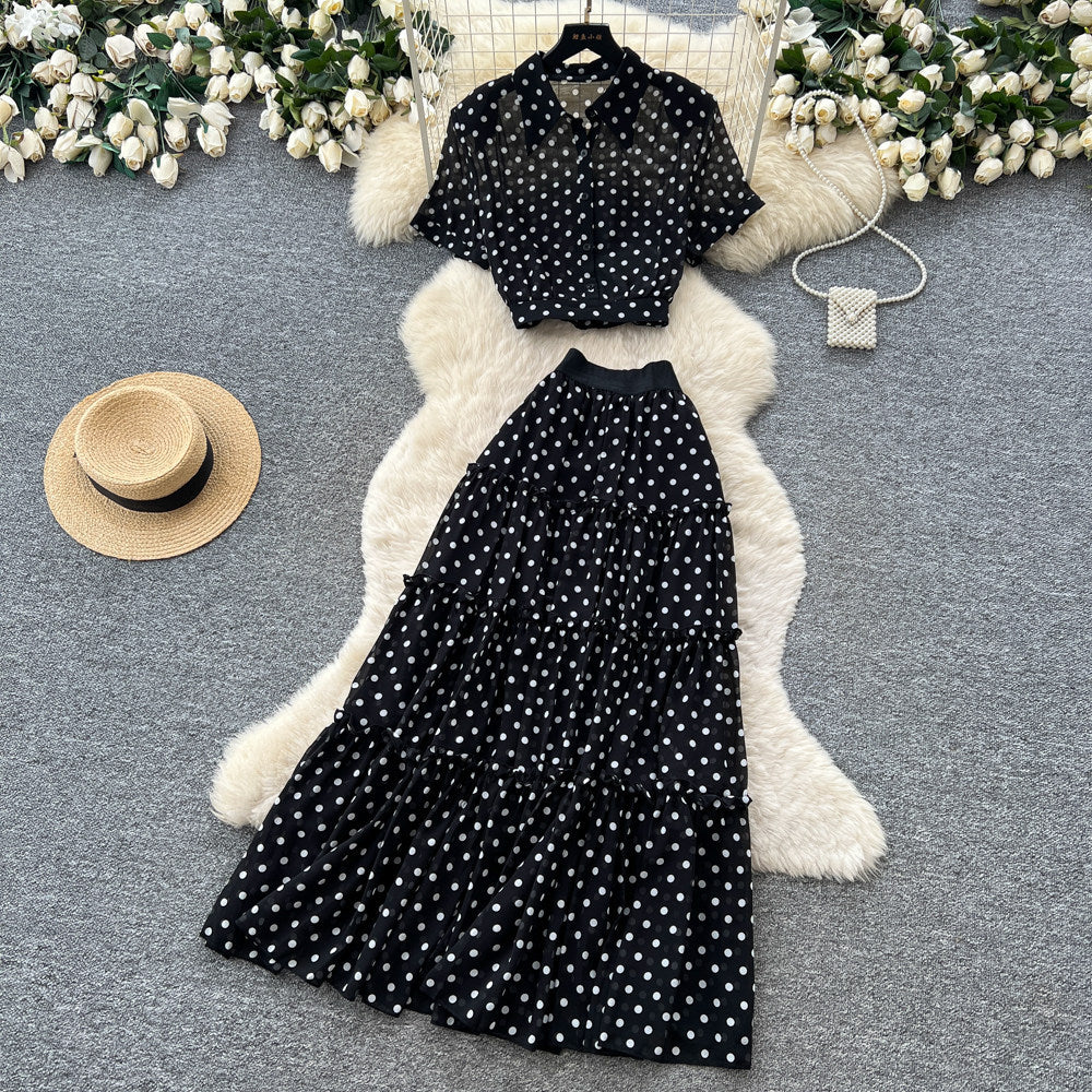 French red polka dot two-piece set - women's spring/autumn high-waisted, slimming, and chic workwear outfit