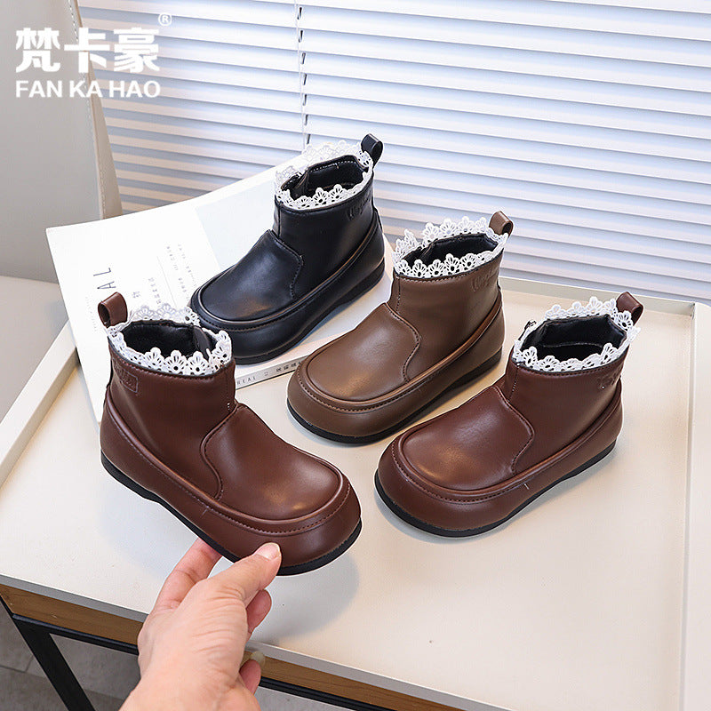 Vancahao girls' lace-trimmed princess leather boots for autumn and winter  - korean style black ankle boots for kids and toddlers