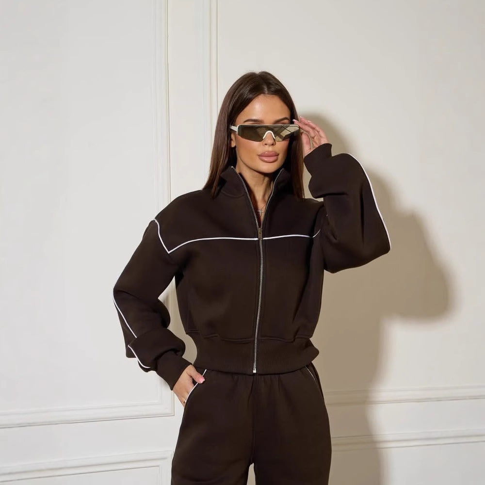European and American new women's clothing casual long-sleeved line zipper cardigan trousers two-piece set women's fashion sports suit