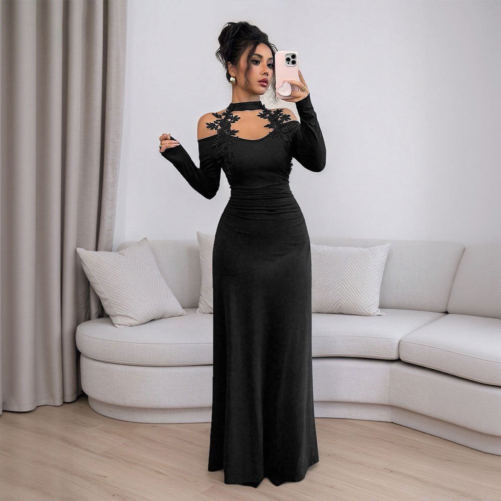 export high-end socialite style spring/summer new long-sleeved slim-fit bodycon black lace dress for women - early summer collection