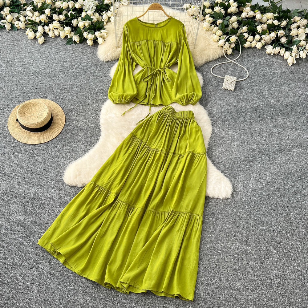 Gentle wind age-reducing suit women's springfrench strap waist round neck long sleevesshirt + high waistdraped skirt