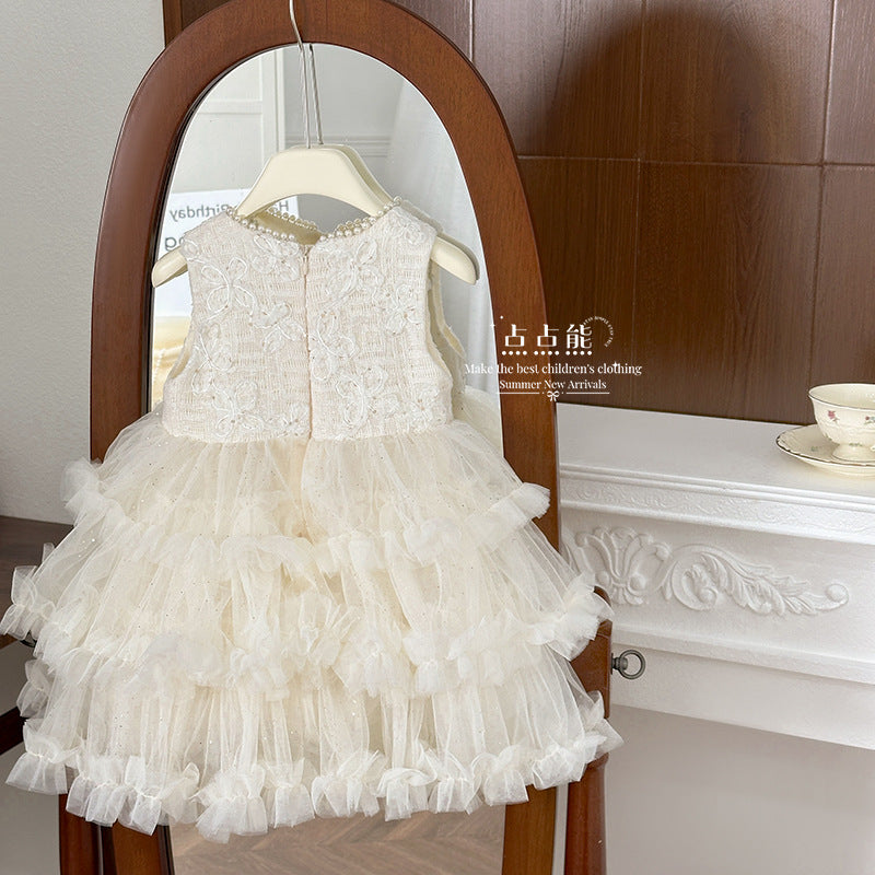 summer new girls' fashion floral embroidered sleeveless puffy soft tulle skirt chic and stylish dress princess dress