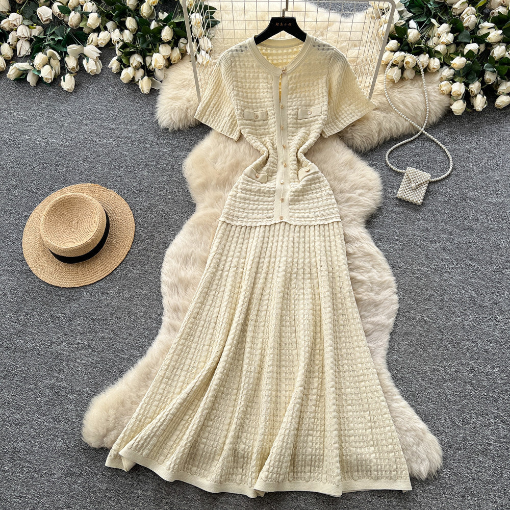 French style chic casual dress - women's short sleeve korean a-line dress - high waist slimming work-ready elegant dress