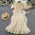 French style chic casual dress - women's short sleeve korean a-line dress - high waist slimming work-ready elegant dress