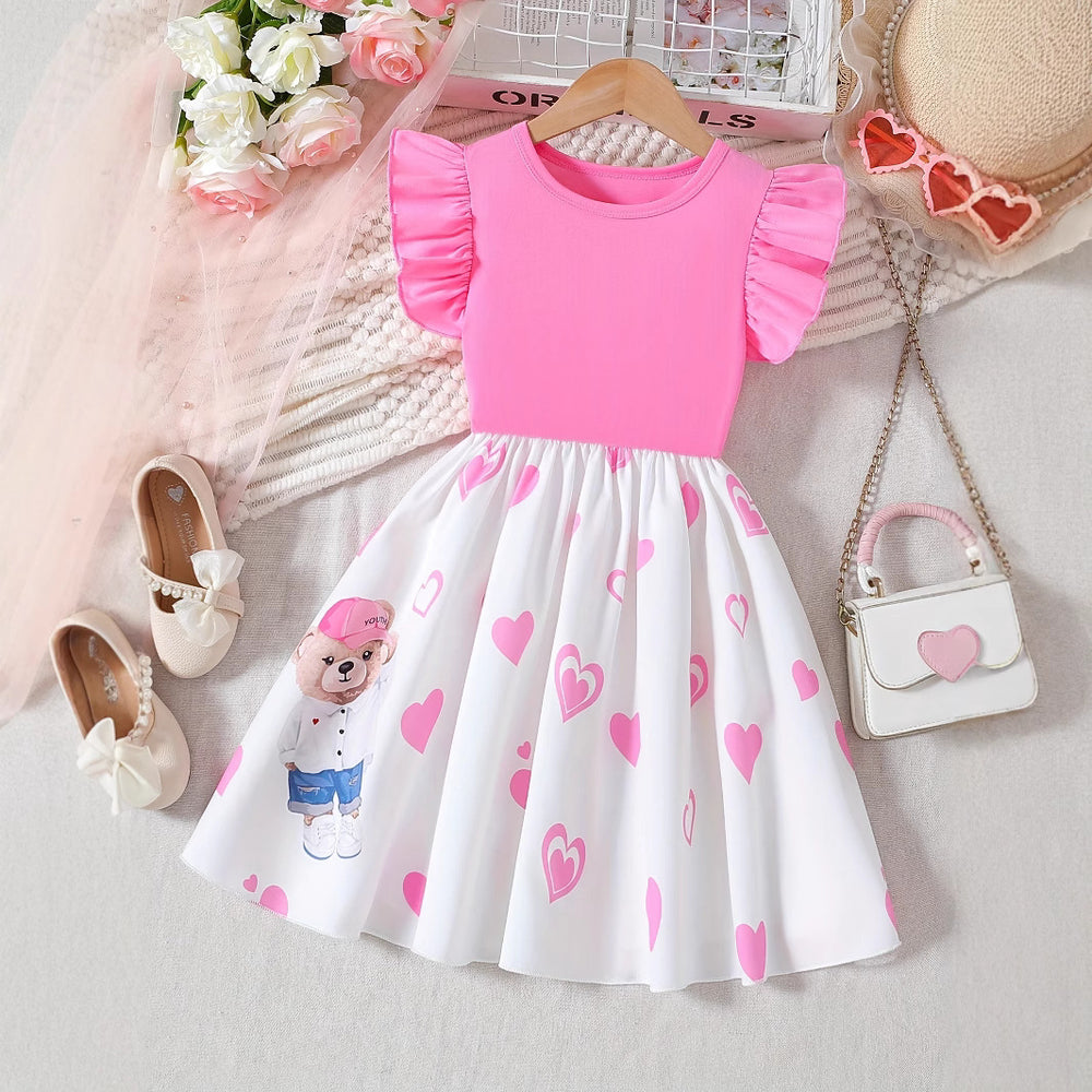 Summer girls' pink flutter sleeve dress with heart print, cartoon bear, cute kids' fashion a-line skirt for export