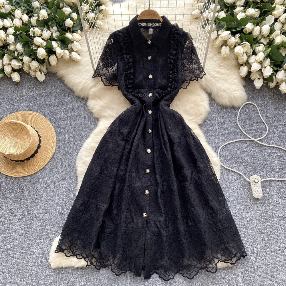 Summer french retroelegance heavy industry laceembroider lapel single breasted waist slimming lookelegant dress dress