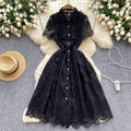 Summer french retroelegance heavy industry laceembroider lapel single breasted waist slimming lookelegant dress dress