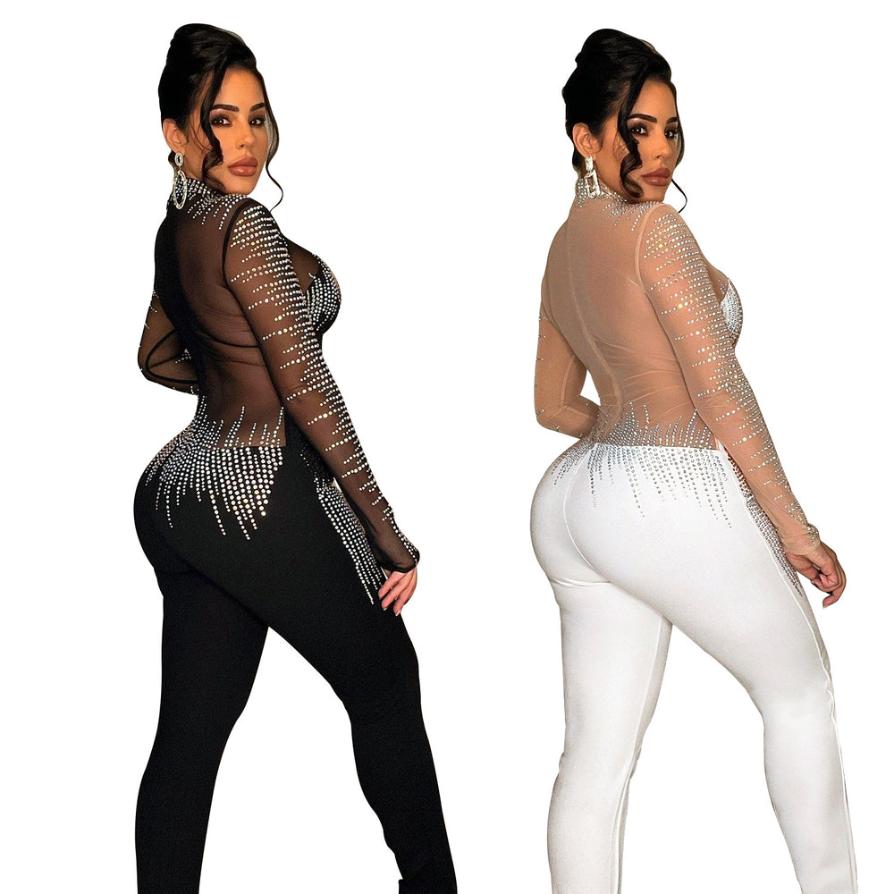 C6226 cross-border   fashion women's solid color mesh rhinestone long sleeve pants jumpsuit