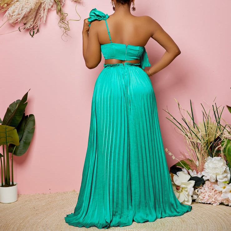 C8518export women's clothing slanted shoulder backless ruffles sexytops pleated wide-leg pants suitfashiontwo-piece set