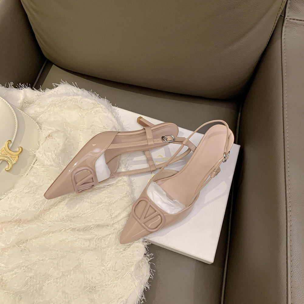 Wo huizhou 2026 autumn new patent leather pointed-toe v-buckle slingback sandals - luxury european and american style women's high heels