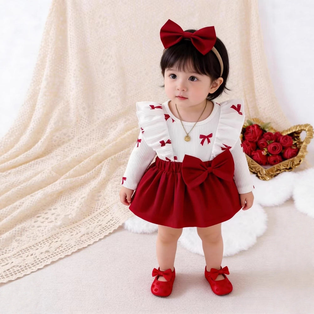 valentine's day sweet & romantic big bow print patchwork girls' cute two-piece dress set