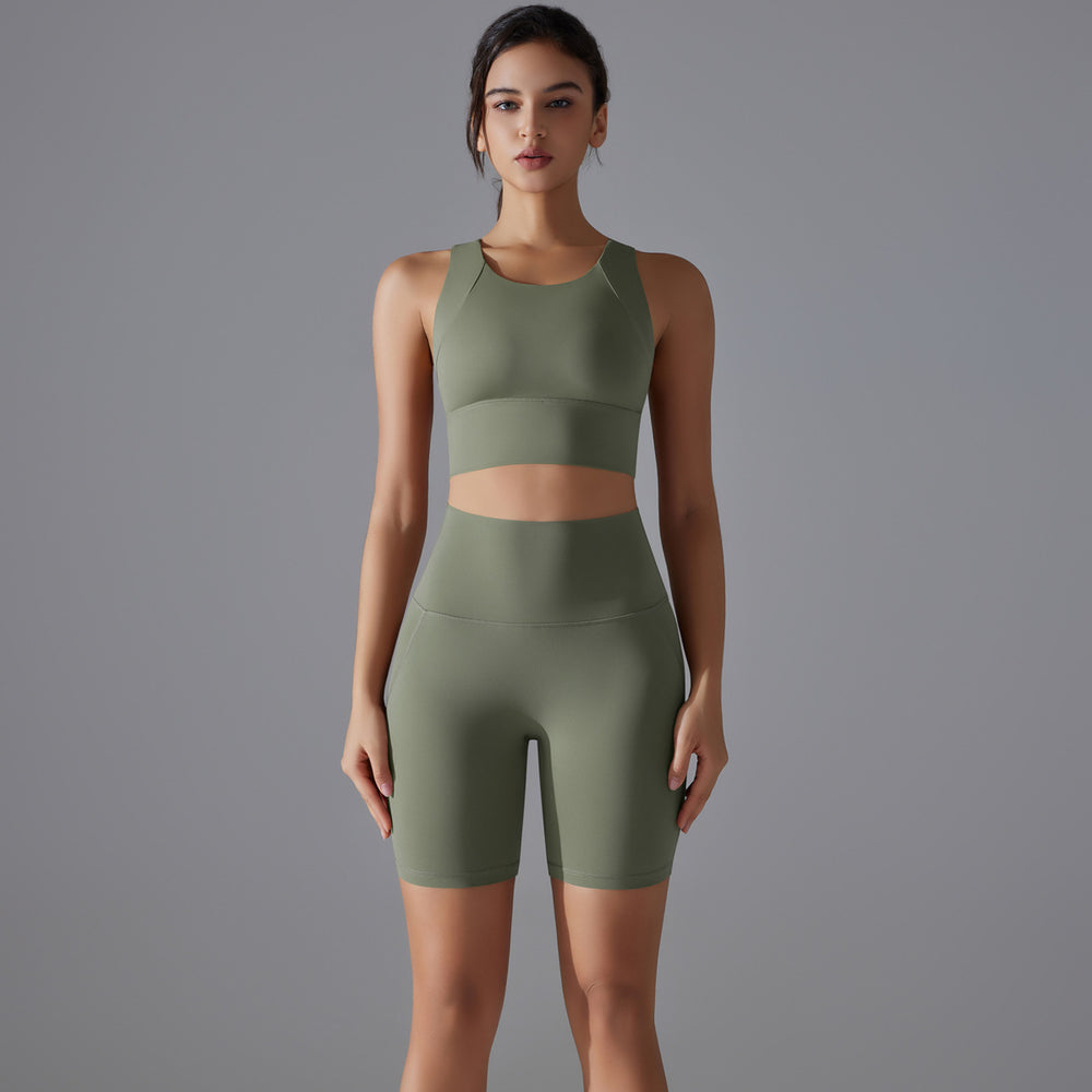 New high-waisted, butt-lifting, antibacterial yoga shorts - barely-there feel, sports bra, and quick-dry running & yoga set for women