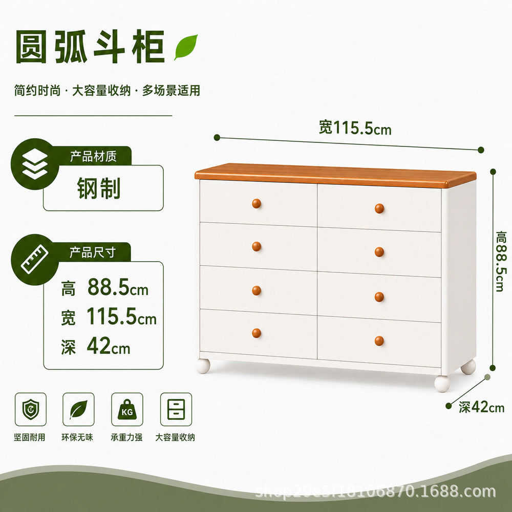 new steel low cabinet with rounded corners, freestanding five-drawer unit, wall-mounted integrated storage cabinet, kids' organizer