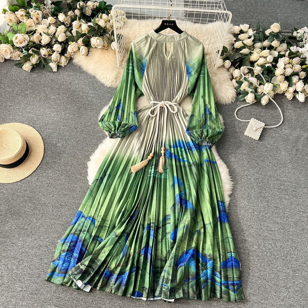 European and american retro court style design printed long dress with heavy pleating, puff sleeves, and pleated skirt - spring collection for women
