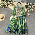 European and american retro court style design printed long dress with heavy pleating, puff sleeves, and pleated skirt - spring collection for women