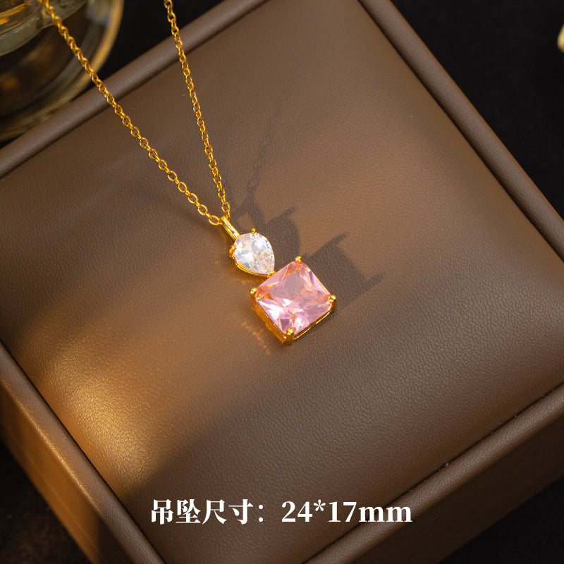 Necklace for women, popular pink zircon, geometric niche style fashion design, titanium steel pendant, elegantsuit collarbone chain