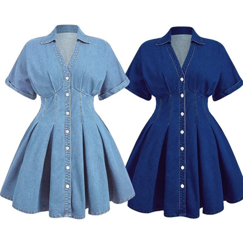 summereleganceelegantretrowork clothingfashiontrendy denim skirt waist v neck short sleeve women's dress