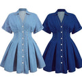 summereleganceelegantretrowork clothingfashiontrendy denim skirt waist v neck short sleeve women's dress