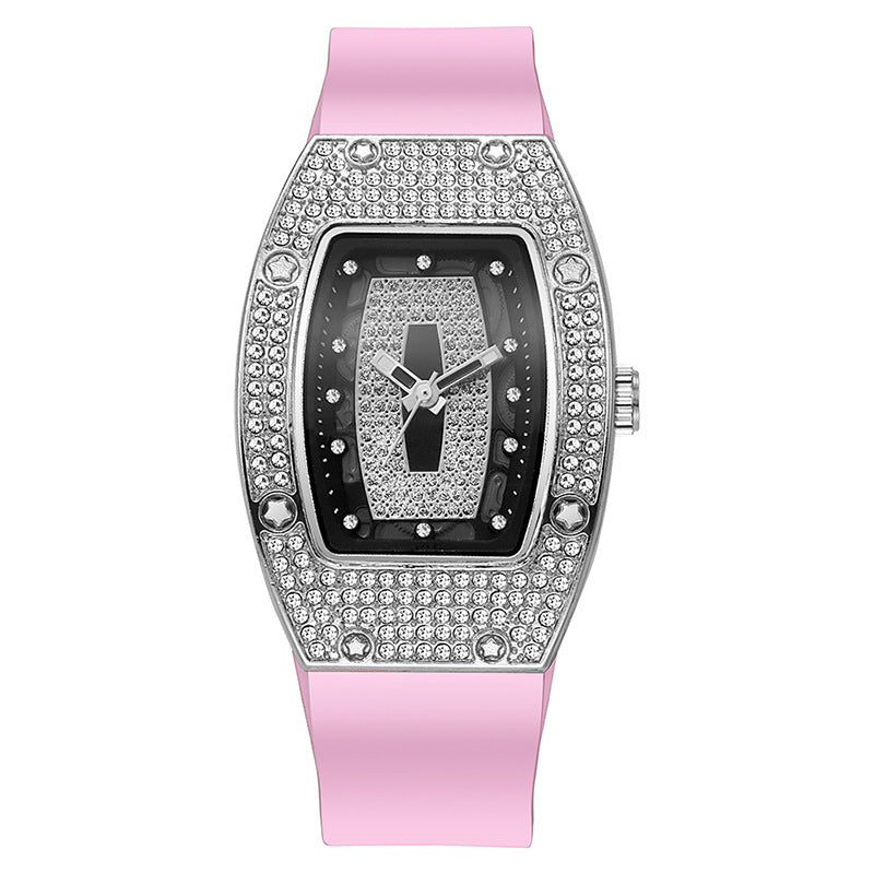 Whiskey barrel-shaped diamond-accented quartz watch - fashionable, trendy, and elegant women's silicone wristwatch - wholesale white