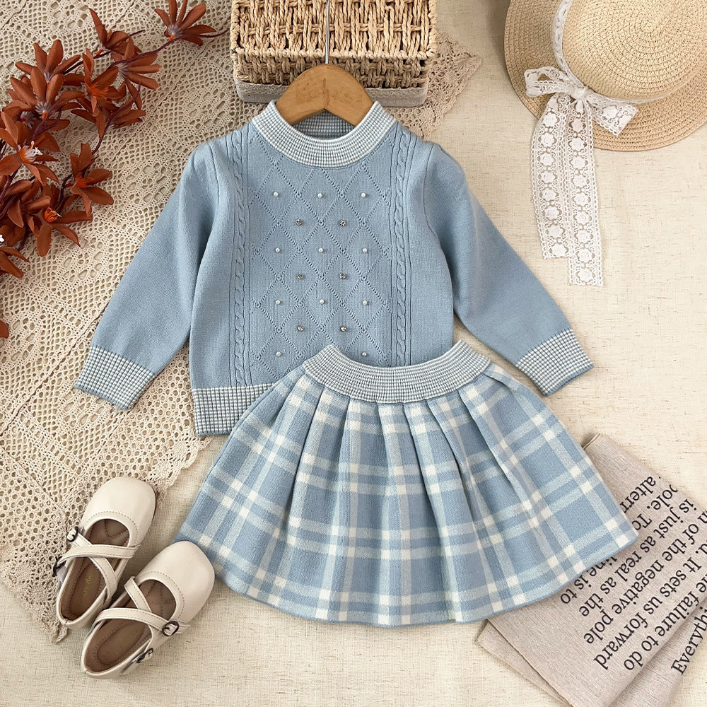 Spring autumnew arrivalgirlsweatersuitk-style baby girl round neck rhombus plaid pullover shirt plaid skirttwo-piece set