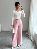 spring/summer new arrival: women's pink high-waisted trousers with button-decorated waist patch – elegant, casual, and versatile
