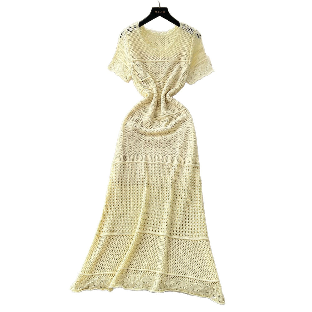Gentle wind elegant round neck short-sleeved cut out crochet knittingdress women's summerfrench waist-reducing age-reducing sweater skirt