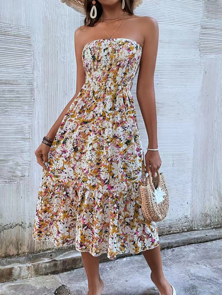 spring/summer new arrival: cross-border women's strapless dress with ruffle hem and sexy, elegant floral print