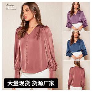 V-neck pullover top, fashionable women's shirt, satin commute style top, european and american cross-border women's apparel direct sales