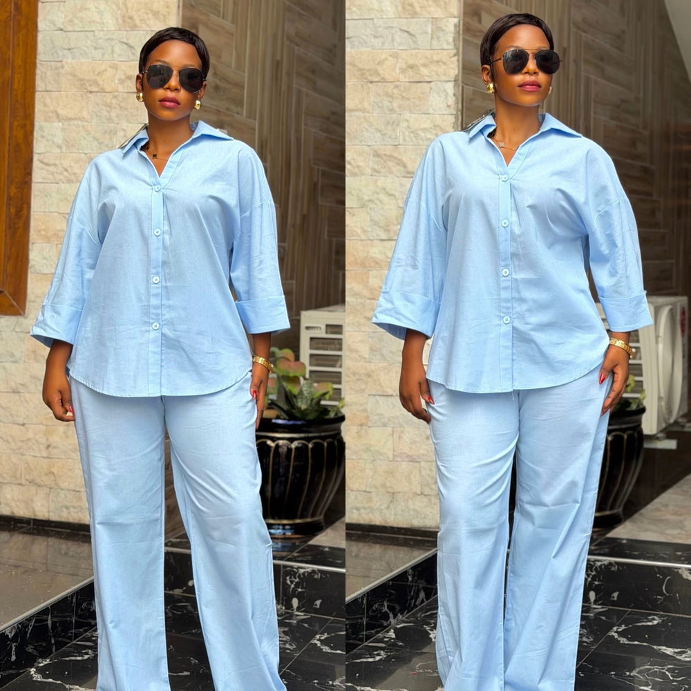 European and american cross-border women's clothing  summer new arrivals: african-style plus size loose fit turn-down collar shirt and wide-leg pants casual set