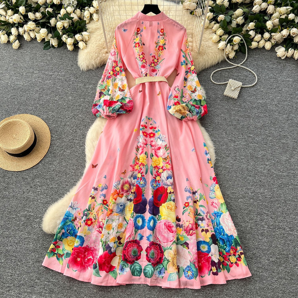 Elegant dress - spring  collection: european & american court style, printed stand collar, single-breasted button closure, cinched waist, lantern sleeves, and flowy maxi length