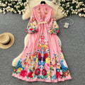 Elegant dress - spring  collection: european & american court style, printed stand collar, single-breasted button closure, cinched waist, lantern sleeves, and flowy maxi length