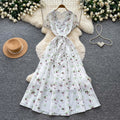 French floral v-neck ruched dress - women's summer short sleeve slim fit elegant vacation maxi dress