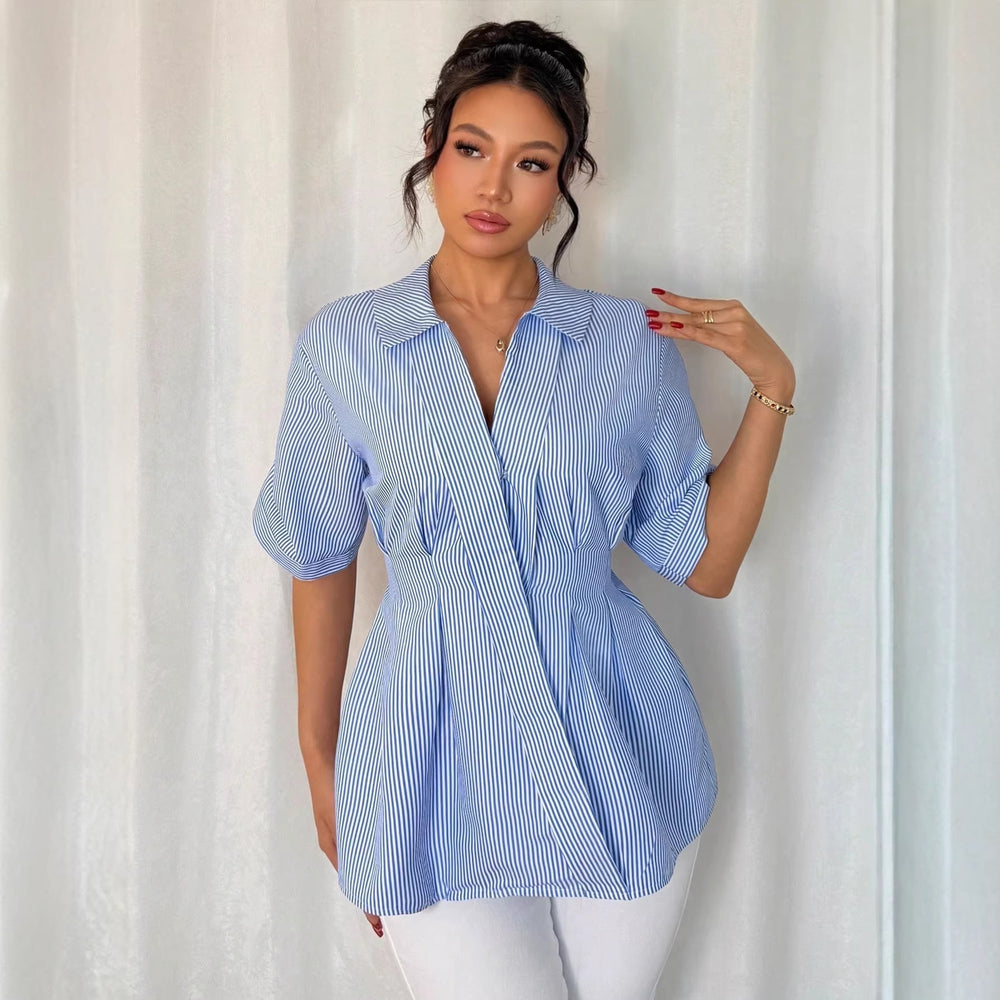 Amazon cross-border exclusive: european and american style striped blouse for women, spring/summer  collection. v-neck, slim-fit, figure-flattering work shirt