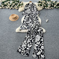 Fashionfashionablesuit women's summer young lady styleasymmetrical medium long printingshirthigh waistloose pantssuit