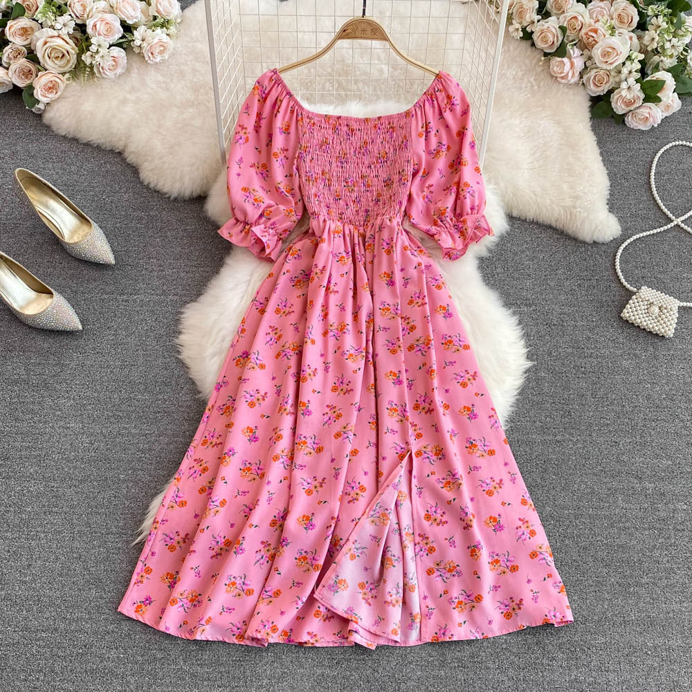 2024 summer new french chic sweet square neck puff sleeve a-line dress with cinched waist and slit – slimming and flattering
