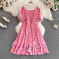 2024 summer new french chic sweet square neck puff sleeve a-line dress with cinched waist and slit – slimming and flattering