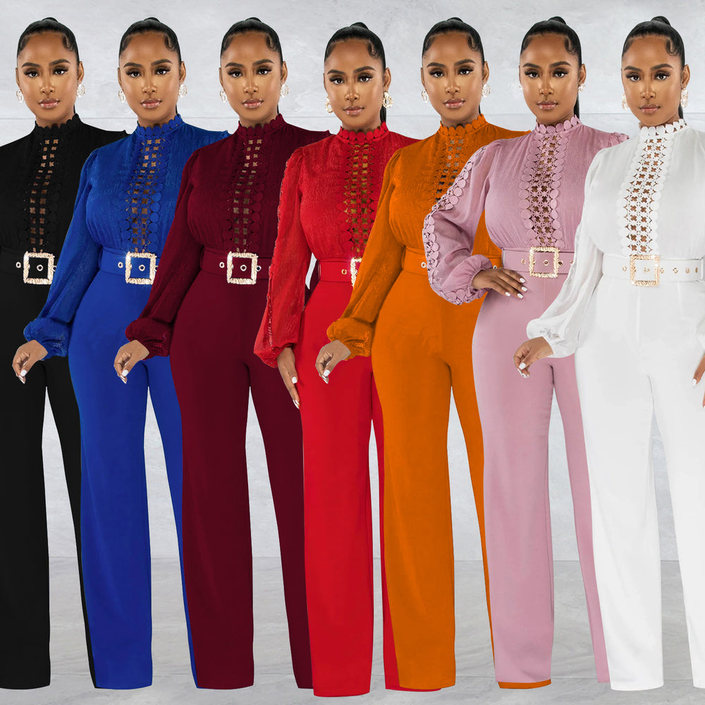 X6345   fashion women's belted lace hollow-out solid color long sleeve jumpsuit