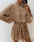 2025 european and american cross-border e-commerce evening gown: gold, slim-fit, tie-waist, long-sleeve, sequined, open-back dress