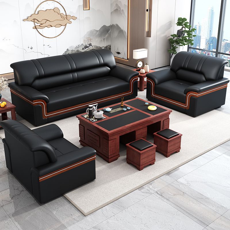 Office sofa solid wood coffee table combination set - genuine leather, minimalist modern style, 1+1+3 configuration for business reception and guest seating