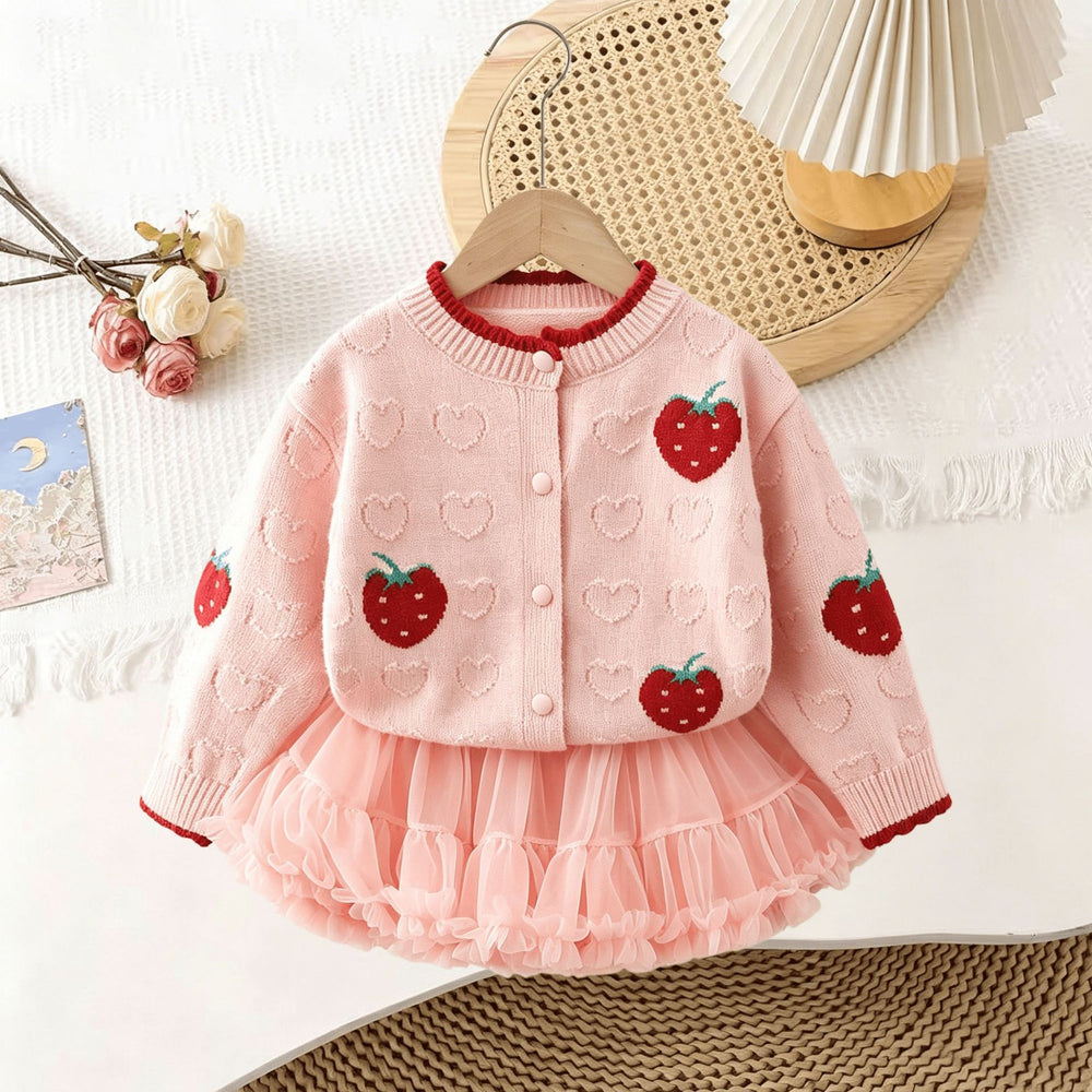 Girls' knit sweater set -  autumn/winter new collection - embroidered strawberry knit cardigan & tutu skirt two-piece set