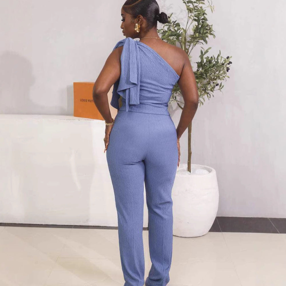 European and american cross-border women's fashion:  autumn/winter new collection - solid color sleeveless slant neck top and slim-fit high-waisted pants two-piece set