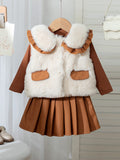 fall/winter cross-border fashion: european & american style girls' fuzzy vest + knitted top + pleated mini skirt three-piece set