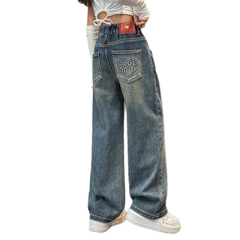Girls' pants - spring/autumn  new arrival: trendy retro-style loose-fit jeans for mid-to-large children, wide-leg design