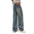 Girls' pants - spring/autumn  new arrival: trendy retro-style loose-fit jeans for mid-to-large children, wide-leg design