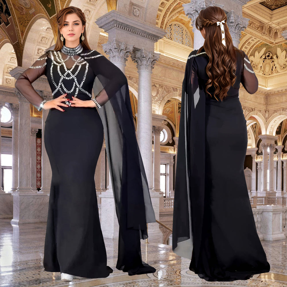 C7260 cross-border   fashion women's elegant rhinestone slim-fit sleeveless shawl dress