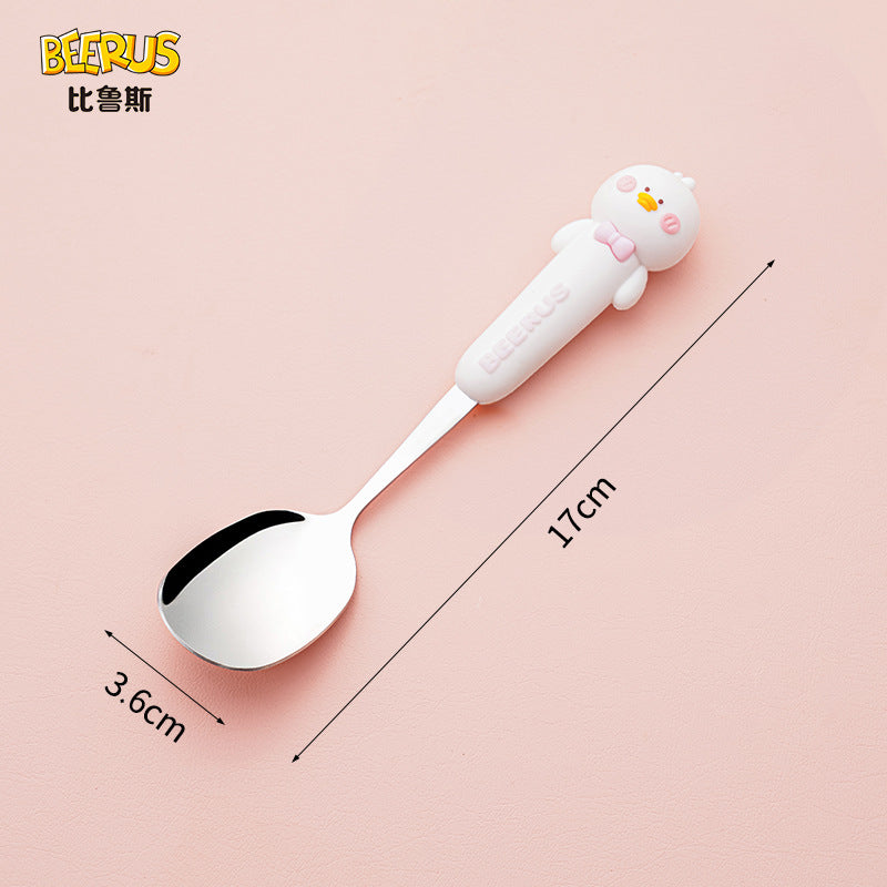 High-quality, adorable cartoon children's cutlery set featuring a cute bear design. includes a fork, spoon, and is perfect for school lunches. made of durable silicone, these portable forks and spoons are available for wholesale