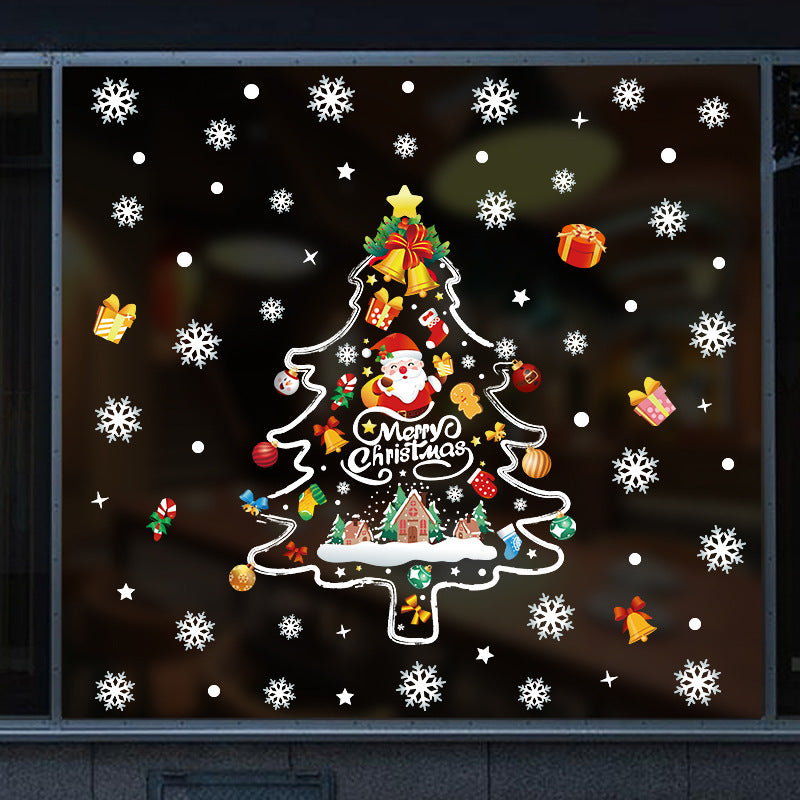 Christmas decoration glass door hand-painted Christmas tree sticker shop window scene arrangement snowflake glue-free static sticker